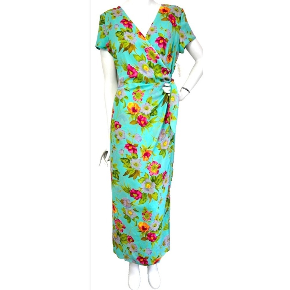 NWT David Warren New York Turquoise Floral Faux Wrap Maxi Dress Cottagecore 10
